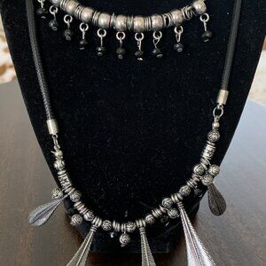 NEW Double Black Glass Beads with Silver Feathers